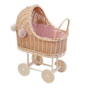Wózek wiklinowy dla lalek natural wysoki + pompony i obszycie różowe