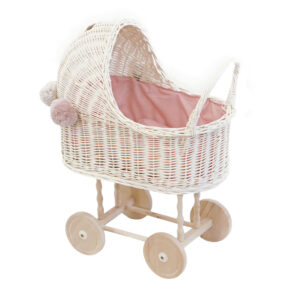 Wózek wiklinowy dla lalek biały wysoki + pompony i obszycie różowe