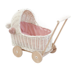 Wózek wiklinowy dla lalek biały niski + pompony i obszycie różowe