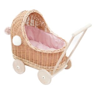 Wózek wiklinowy dla lalek naturalny niski + pompony i obszycie różowe