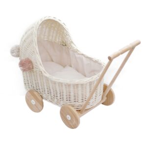 Wózek wiklinowy dla lalek biały niski + pompony i obszycie beżowe