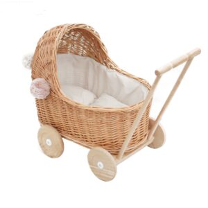 Wózek wiklinowy dla lalek naturalny niski + pompony i obszycie beżowe