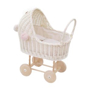 Wózek wiklinowy dla lalek biały wysoki + pompony i obszycie beżowe