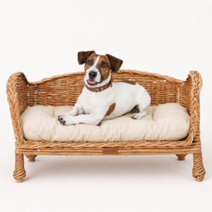 Legowisko wiklinowe sofa dla psa lub kota poduszka beżowa
