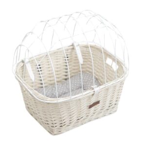 Kosz wiklinowy na rower do przewożenia psa kota wybielony z poduszką białą kartką i paskami